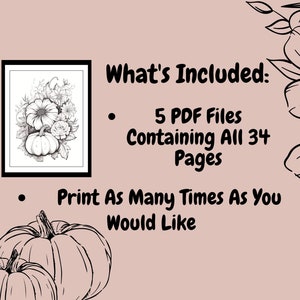 Op de afbeelding: Een zwart-witte illustratie van een pompoen en bloemen. De tekst "What's Included:" staat boven een lijst met functies, waaronder "5 PDF-bestanden met alle 34 pagina's" en "Print zoveel keer als je wilt".