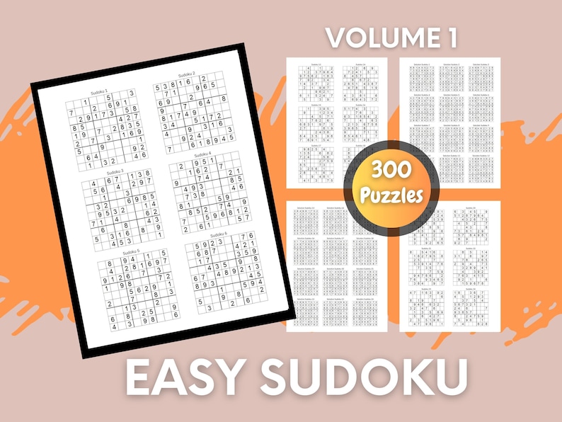 May include: A set of 300 easy Sudoku puzzles, printed on white paper, with a black and white grid design. The puzzles are organised into four sections, labelled "Volume 1".
