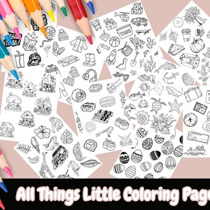 May include: A set of ten black and white coloring pages featuring various themes, including mushrooms, sushi, ocean life, travel, and toys. The pages are printed on white paper and are ready to be colored.