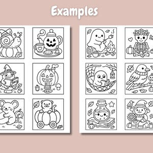 May include: Black and white line art illustrations of Halloween-themed characters and objects. The images include a snail in a witch hat, a ghost roasting a marshmallow, and a skeleton with a pumpkin.