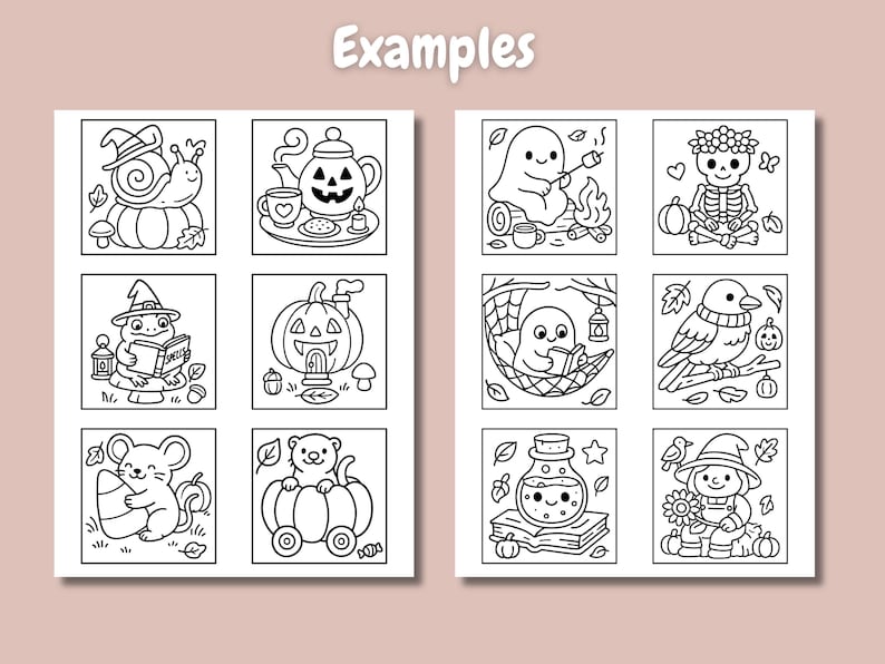 May include: Black and white line art illustrations of Halloween-themed characters and objects. The images include a snail in a witch hat, a ghost roasting a marshmallow, and a skeleton with a pumpkin.