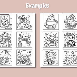 May include: Black and white line art illustrations of Halloween-themed characters and objects. The images include a ghost, a witch's boot, a cat in a mug, an owl, a mushroom house, a cat in a cauldron, a bat, a fox, and more. The word "Examples" is at the top.