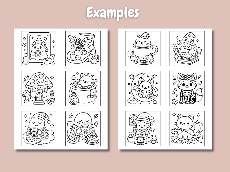 May include: Black and white line art illustrations of Halloween-themed characters and objects. The images include a ghost, a witch's boot, a cat in a mug, an owl, a mushroom house, a cat in a cauldron, a bat, a fox, and more. The word "Examples" is at the top.