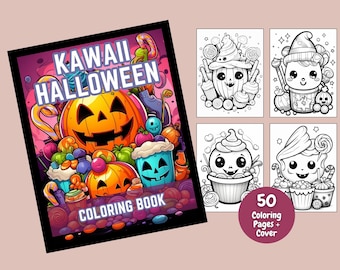 May include: Kawaii Halloween Coloring Book cover featuring a colorful illustration of a pumpkin, candy, and other Halloween treats. The book includes 50 coloring pages.