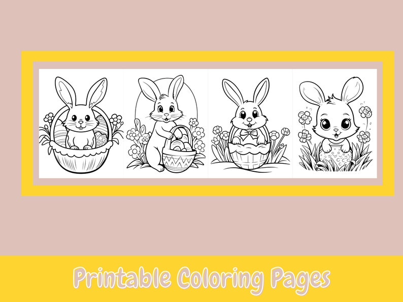 May include: Four black and white coloring pages featuring Easter bunnies holding baskets of eggs.  The bunnies are in various poses, some sitting in baskets, some standing and holding baskets, and some sitting in grass.  The text "Printable Coloring Pages" is at the bottom of the image.