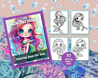 かわいい人魚の塗り絵、人魚の誕生日、子供の塗り絵、印刷可能な塗り絵、幼児のアクティビティブック、子供の塗り絵
