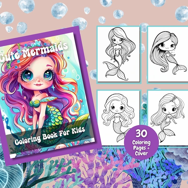 Cute Mermaids Coloring Book, Mermaid Birthday, Kids Coloring Book, Printable Coloring Pages, Toddler Activity Book, Kids Coloring Pages