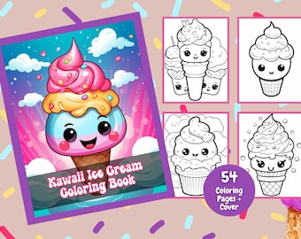 May include: Kawaii Ice Cream Coloring Book with 54 coloring pages and a cover. The cover features a colorful ice cream cone with a smiling face.