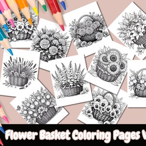 Flower Basket Coloring Pages For Adults Vol 2, Printable Coloring Pages, Flower Coloring, Botanical Coloring, Grayscale Coloring Pages