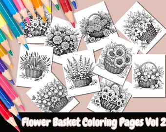 Flower Basket Coloring Pages For Adults Vol 2, Printable Coloring Pages, Flower Coloring, Botanical Coloring, Grayscale Coloring Pages