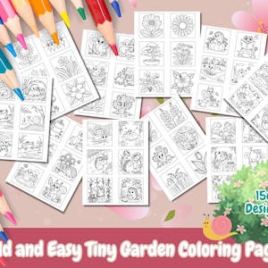 Könnte beinhalten: Ein Set mit 156 Schwarzweiß-Malvorlagen mit winzigen Gartenszenen. Die Seiten sind in einem Raster angeordnet und enthalten Bilder von Blumen, Pflanzen, Tieren und Insekten. Die Seiten sind für einfaches Ausmalen konzipiert und perfekt für Kinder und Erwachsene.