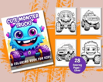 Cute Monster Trucks Coloring Book, Printable PDF, Coloring Pages For Kids, Printable Coloring Pages, Preschool, Kindergarten, Homeschool