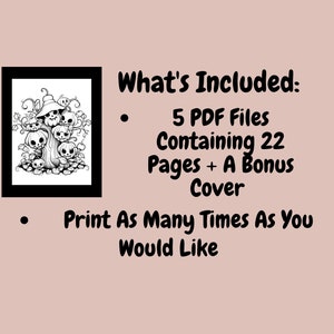 May include: Black and white illustration of a spooky tree with pumpkins and a witch's hat. The text "What's Included:" is listed with bullet points. The first bullet point says "5 PDF Files Containing 22 Pages + A Bonus Cover". The second bullet point says "Print As Many Times As You Would Like".
