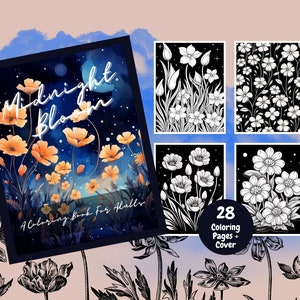 Midnight Bloom A Coloring Book For Adults, Floral Coloring, Adult Coloring Book, Flowers, Moon, Printable Coloring Pages
