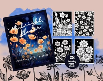 Midnight Bloom A Coloring Book For Adults, Floral Coloring, Adult Coloring Book, Flowers, Moon, Printable Coloring Pages