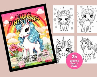 Cute Unicorn Coloring Book, Kids Coloring Book, Coloring Pages, Printable Coloring Pages, Instant Download, Coloring For Kids, Unicorns
