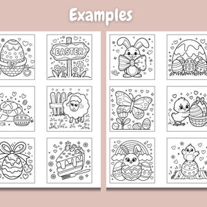 May include: A set of nine black and white coloring pages featuring Easter-themed illustrations. The illustrations include a bunny rabbit, a chick, a butterfly, a lamb, a basket of eggs, a cake, and an Easter sign.