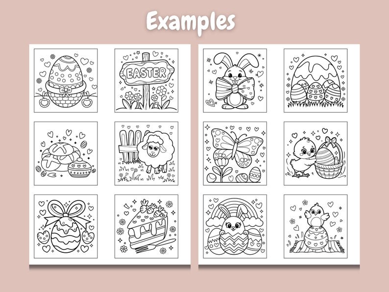May include: A set of nine black and white coloring pages featuring Easter-themed illustrations. The illustrations include a bunny rabbit, a chick, a butterfly, a lamb, a basket of eggs, a cake, and an Easter sign.