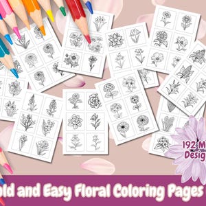 May include: A set of 12 printable coloring pages featuring bold and easy floral designs. Each page has a different flower design, perfect for adults and children who enjoy coloring.