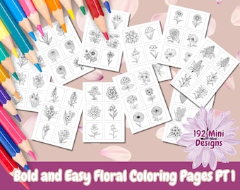 Páginas para colorear de flores pequeñas, llamativas y fáciles, 192 diseños en miniatura, páginas para colorear para adultos y niños, páginas para colorear de flores, PDF imprimible, dibujos para colorear de flores