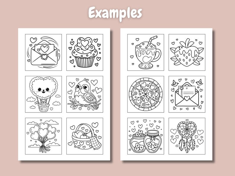 Pode incluir: Um conjunto de nove p&aacute;ginas para colorir em preto e branco com ilustra&ccedil;&otilde;es fofas com tema do Dia dos Namorados. As ilustra&ccedil;&otilde;es incluem um bal&atilde;o de ar quente em forma de cora&ccedil;&atilde;o, um cupcake com um cora&ccedil;&atilde;o no topo, uma pizza com fatias em forma de cora&ccedil;&atilde;o, um morango com um topo em forma de cora&ccedil;&atilde;o, um p&aacute;ssaro em um galho, um pote de cora&ccedil;&otilde;es, um apanhador de sonhos com um centro em forma de cora&ccedil;&atilde;o, uma cesta de cora&ccedil;&otilde;es e uma carta com um cora&ccedil;&atilde;o no envelope.