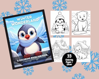 Peut inclure: Un livre de coloriage pour enfants avec un pingouin portant une écharpe sur la couverture. Le livre contient 33 pages à colorier et une couverture avec le titre "Winter Wonderland".