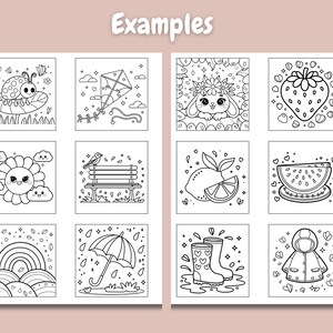 May include: Black and white coloring pages featuring various cute illustrations, including a ladybug, a kite, a bunny, a strawberry, a sun, a bench, a lemon, a watermelon, a rainbow, an umbrella, rain boots, and a raincoat.  These coloring pages are perfect for kids of all ages.