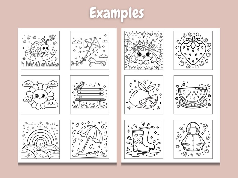 May include: Black and white coloring pages featuring various cute illustrations, including a ladybug, a kite, a bunny, a strawberry, a sun, a bench, a lemon, a watermelon, a rainbow, an umbrella, rain boots, and a raincoat.  These coloring pages are perfect for kids of all ages.