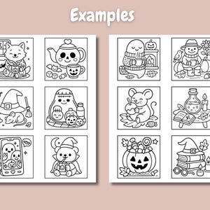 May include: Black and white line art illustrations of Halloween-themed characters and objects. The images include a cat, ghost, mouse, and bear, along with pumpkins, a witch's hat, and a cauldron. The word "Examples" is at the top.
