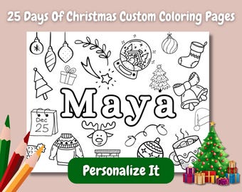 25 Personalized Christmas Coloring Pages, Holiday Coloring Page, Custom Printable Coloring Page, Christmas Party, Name Coloring Page