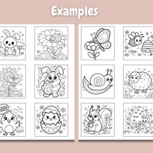 May include: Black and white coloring pages featuring various cute animals and objects, including a bunny holding an Easter egg, a butterfly, a bee, a snail, a sheep, a chick, a squirrel, and a flower.  The pages are perfect for kids to color and enjoy.
