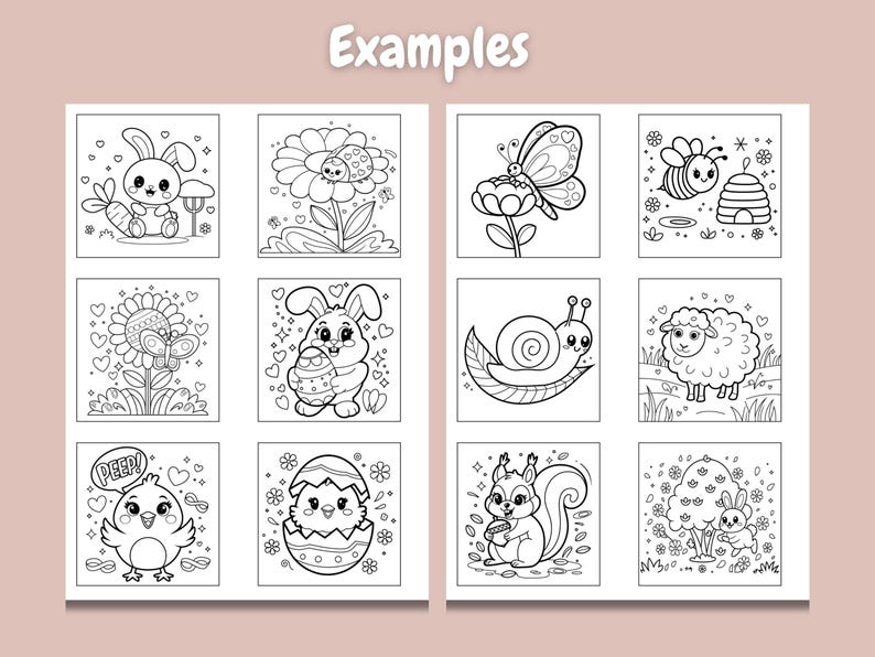 May include: Black and white coloring pages featuring various cute animals and objects, including a bunny holding an Easter egg, a butterfly, a bee, a snail, a sheep, a chick, a squirrel, and a flower.  The pages are perfect for kids to color and enjoy.