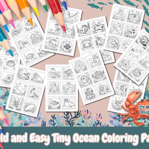 May include: A set of 12 printable coloring pages featuring simple ocean creatures, such as seahorses, starfish, and jellyfish. The pages are designed for young children and are easy to color. The text "12+ Mini Designs" is visible in the bottom right corner of the image.