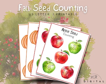 May include: A stack of printable educational cards featuring fall themes. One card displays orange pumpkin slices, while others show red and green apples with seed counting from 1 to 5. The text "Fall Seed Counting" and "US LETTER I PRINTABLE" are visible.