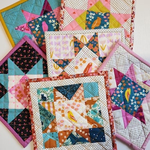 Best Seller! Sawtooth Star or Ohio Star Bright Birds Mug Rug Mini Quilt Coaster