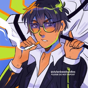 May include: A digital illustration of a character with dark hair and glasses wearing a black suit jacket over a white shirt. The character holds a lit cigarette, with smoke rising. The background features blue and lime green geometric shapes and the text @dylanbeedoodles PLEASE DO NOT REPOST.