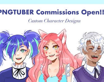 May include: An illustration featuring three anime-style characters with unique hairstyles and outfits. The text "PNGTUBER Commissions Open!! Custom Character Designs" is displayed at the top. The characters have blue, pink, and white hair.