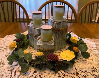 Rustic Candle Pedestals, Farmhouse Home Decor, Set of Three Handmade Table Centerpiece Decorations