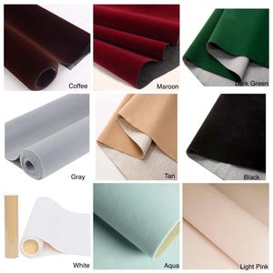 May include: A collection of fabric swatches in various colors, including coffee, maroon, dark green, gray, tan, black, white, aqua, and light pink. Each swatch is shown folded or rolled, showcasing the material's texture and color variations.