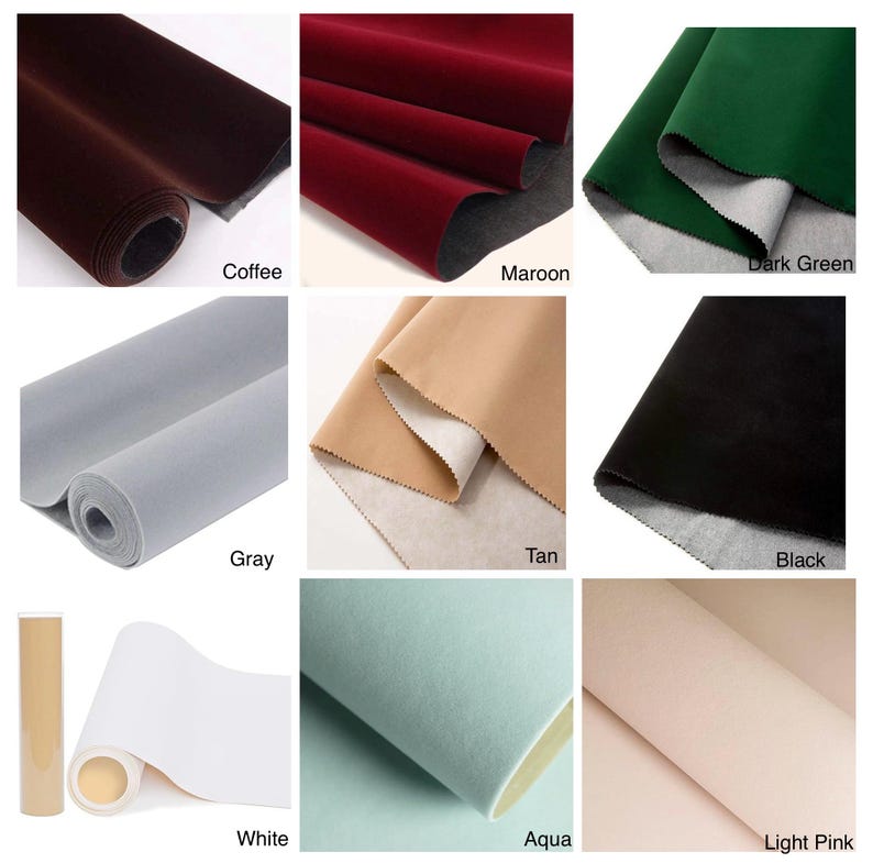 May include: A collection of fabric swatches in various colors, including coffee, maroon, dark green, gray, tan, black, white, aqua, and light pink. Each swatch is shown folded or rolled, showcasing the material's texture and color variations.