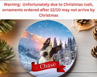 Adorno de cerámica personalizado de Boston Terrier, adorno con foto de perro personalizado, adorno circular de otoño para amantes de los perros, decoración para árbol de Navidad de mamá perra