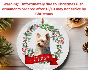 Adorno de cerámica personalizado de Yorkie, adorno con foto de perro personalizado, adorno circular de otoño para amantes de los perros, decoración para árbol de Navidad de mamá perra