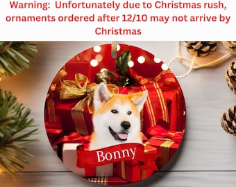 Adorno de cerámica personalizado de Akita, adorno con foto de perro personalizado, adorno circular de otoño para amantes de los perros, decoración para árbol de Navidad para mamá perruna