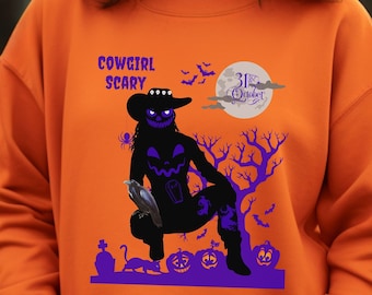 Sudadera aterradora de vaquera de Halloween, camisa de rodeo, temporada espeluznante, regalo de otoño de rodeo, ropa de otoño del país occidental, traje occidental espeluznante
