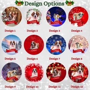 May include: Twelve circular designs featuring a Saint Bernard dog named Chase. Each design has a different holiday-themed background, including Christmas trees, snowy landscapes, and gift boxes. The text "Design Options" is at the top.