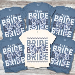 Bachelorette Party Shirts, Comfort Colors® Bride Team Bride Shirt, Something Blue Toile Coquette Matching Bridesmaid Tee, Bridal Party Gift