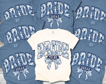 Bachelorette Party Shirts, Comfort Colors® Bride Squad Team Bride Shirt, Blue Toile Coquette Matching Bridesmaid Tee, Bridal Party Gift T