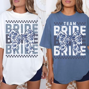 Bachelorette Party Shirts, Comfort Colors® Bride Team Bride Shirt, Something Blue Toile Coquette Matching Bridesmaid Tee, Bridal Party Gift