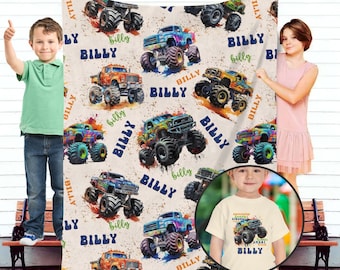 Monster Truck Custom Blanket Gift for Kids, Personalized Gift for Toddler Boy, Christmas Birthday Truck Lover Gift, Custom Kids Blanket