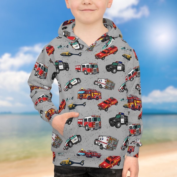 Emergency Vehicle Hoodie, All Over Print First Responder Sweatshirt for Boys, Firetruck Police Car Shirt, Christmas Birthday Gift for Boy
